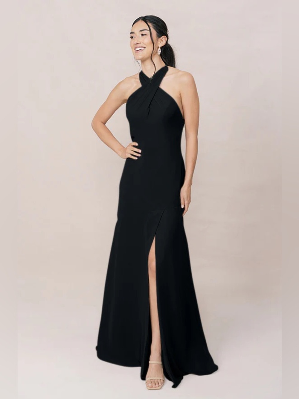 Black Halter-Neck Evening Gown with Side Slit